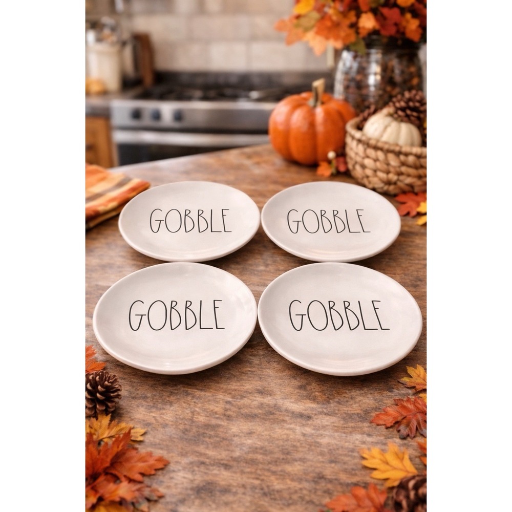 Rae Dunn GOBBLE Salad Dessert Plates Set of 4 Thanksgiving Farmhouse 8" Ceramic